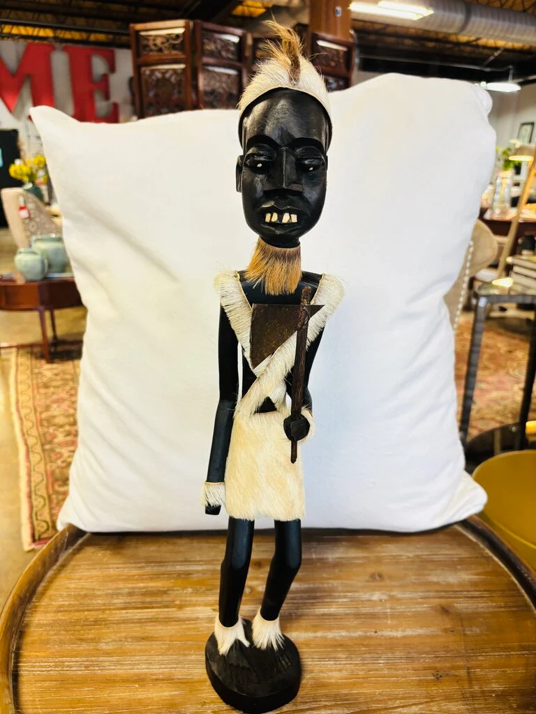 African-style Carved Wood Figurine with Fur