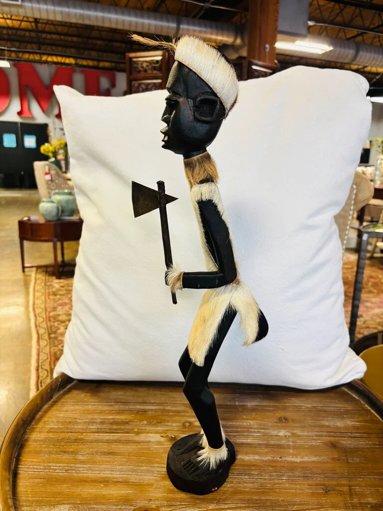African-style Carved Wood Figurine with Fur - Image 3