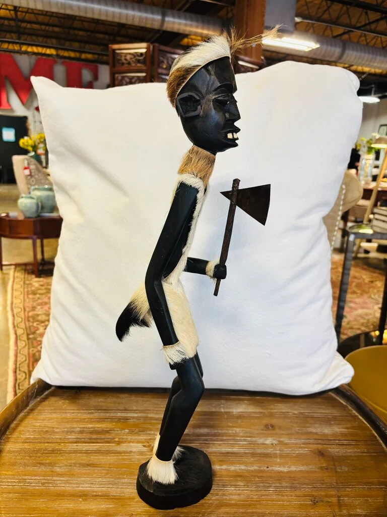 African-style Carved Wood Figurine with Fur - Image 4