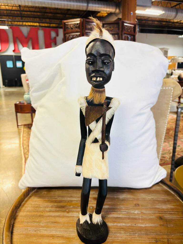 African-style Carved Wood Figurine with Fur - Image 5