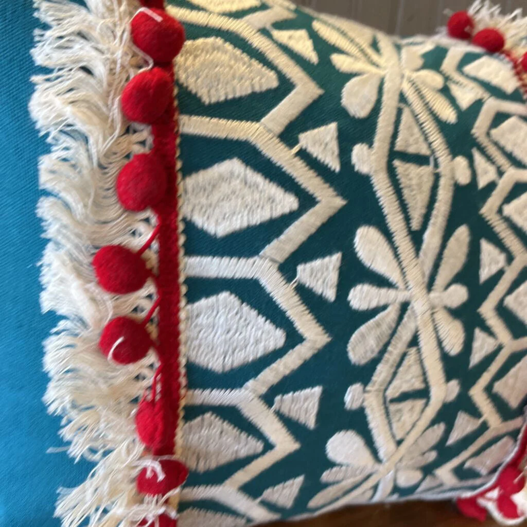 Aunbrie Navy Embroidered PomPo, Fringe Pillow - Image 3