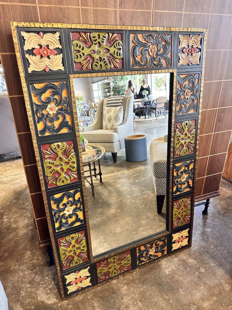Carved Hand Painted Wood Mirror - Image 2