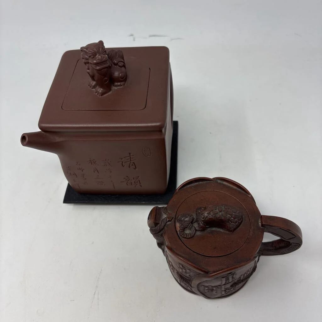 Chinese Clay Teapot and Cup with Lids & Stands - Image 2
