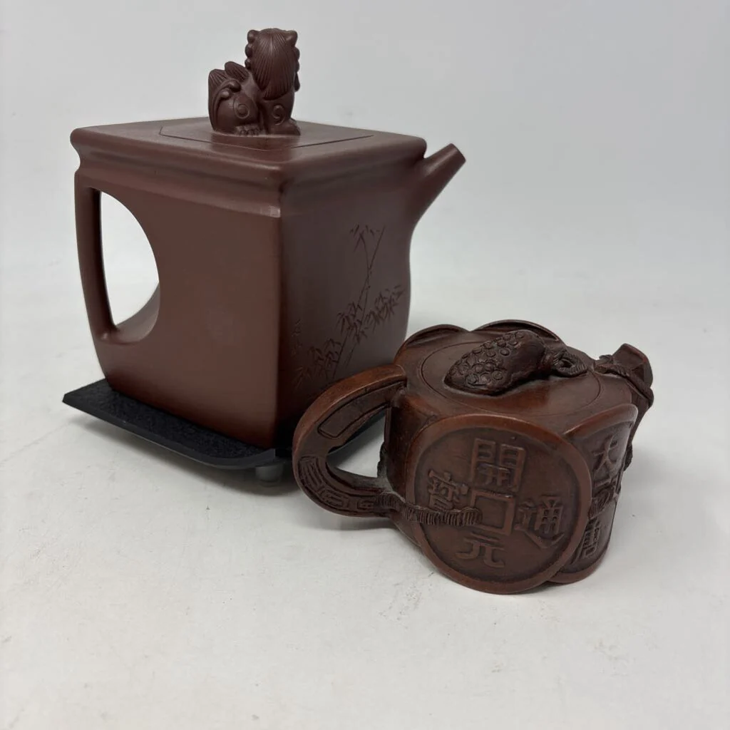 Chinese Clay Teapot and Cup with Lids & Stands - Image 3