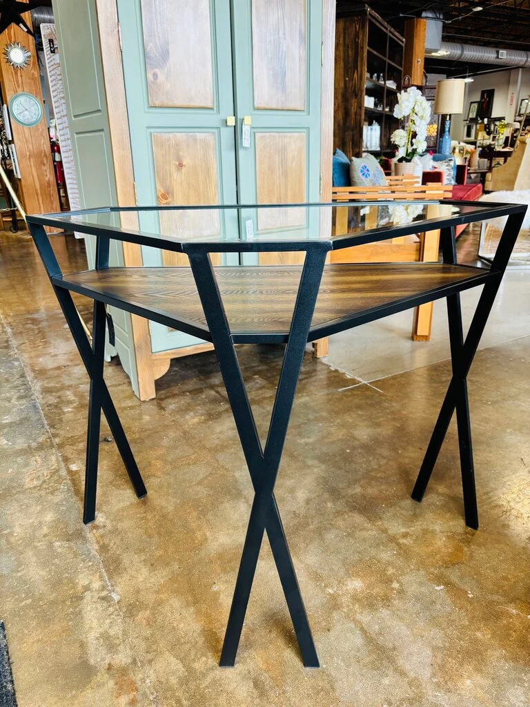 Glass/Metal/Wood Triangle Corner Table 39 X 21 X 30 - Image 3