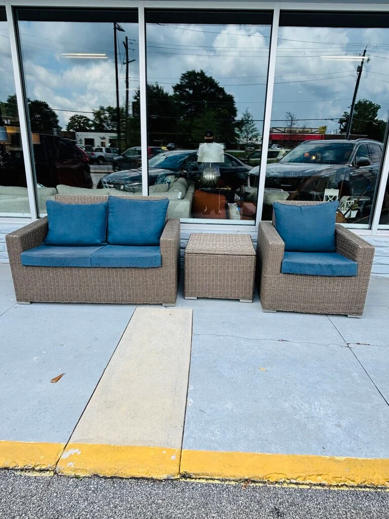 SET 3 Faux Wicker Loveseat, Chair, & Side Table w/Cushions