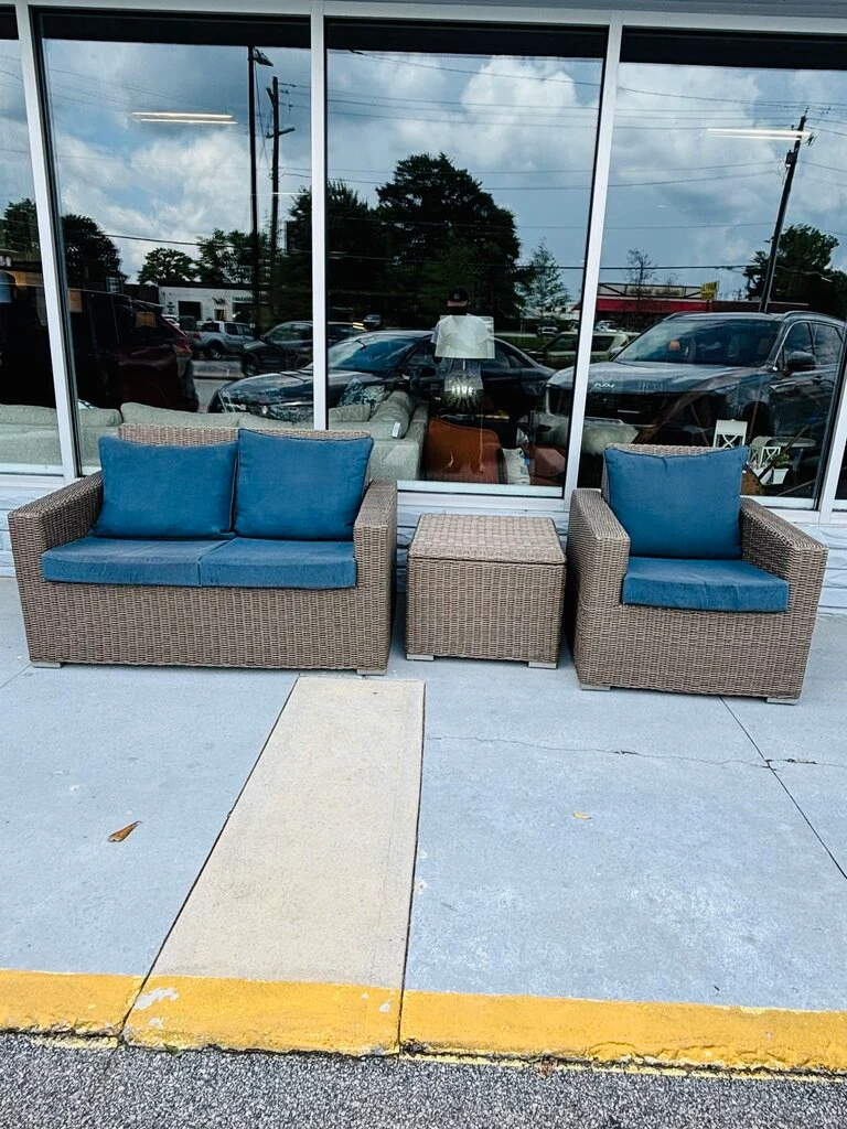 SET 3 Faux Wicker Loveseat, Chair, & Side Table w/Cushions - Image 2