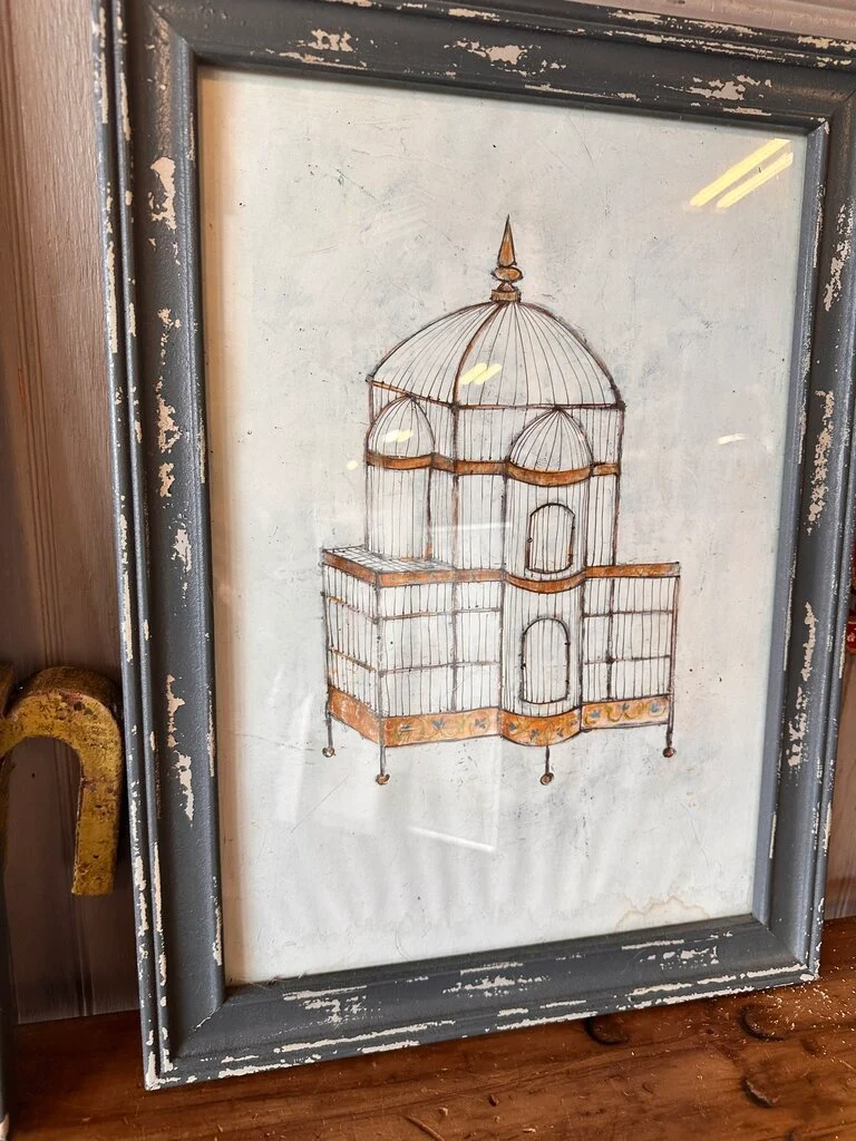 Vintage Birdcage in Distressed Frame Signed 15 X 20