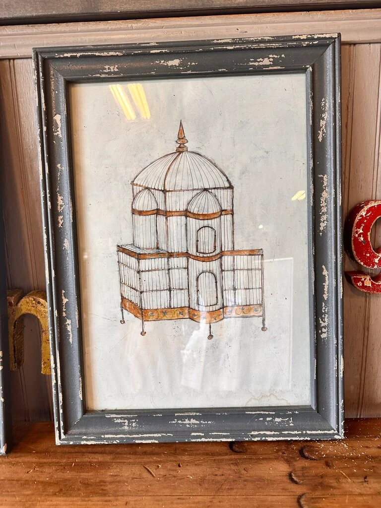 Vintage Birdcage in Distressed Frame Signed 15 X 20 - Image 3
