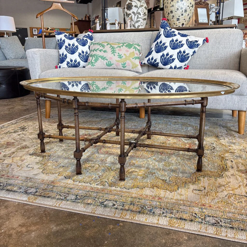 Vintage Glass/Faux Bamboo Oval Coffee Table - Image 2