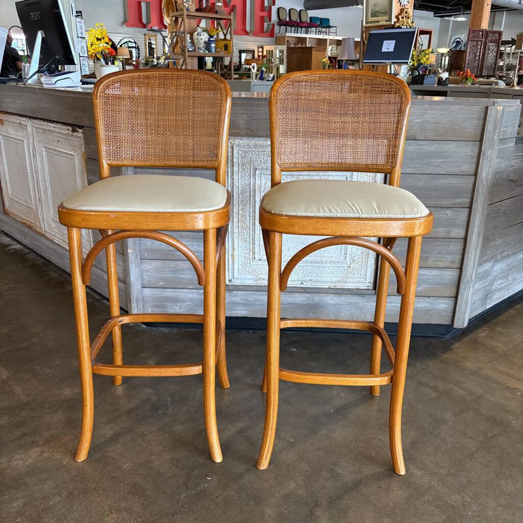 Vintage MCM Wood/Rattan Back Bar Stools Pair - Image 2