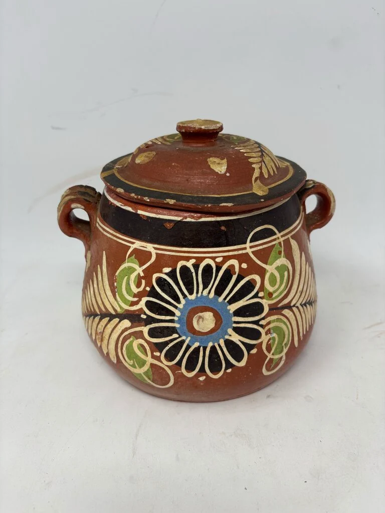 Vintage Mexican Redware Lidded Bean Pot