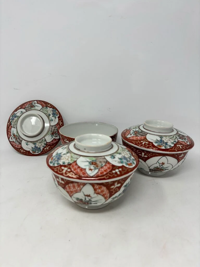 Vintage Three Asian Rice Bowls with Lids